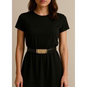 Vintage 80s Vicenza Woman’s Belt 46 Black Italian Genuine Calfskin Buckle Skinny